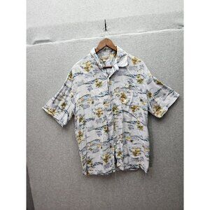 George Mens Hawaiian Button-Up Shirt L 42-44 Tropical Print 100% Rayon Silver/Wh